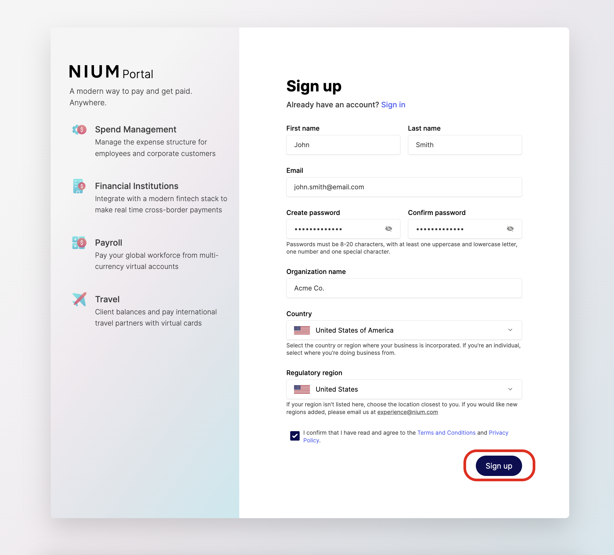 Nium Portal sign-up screen