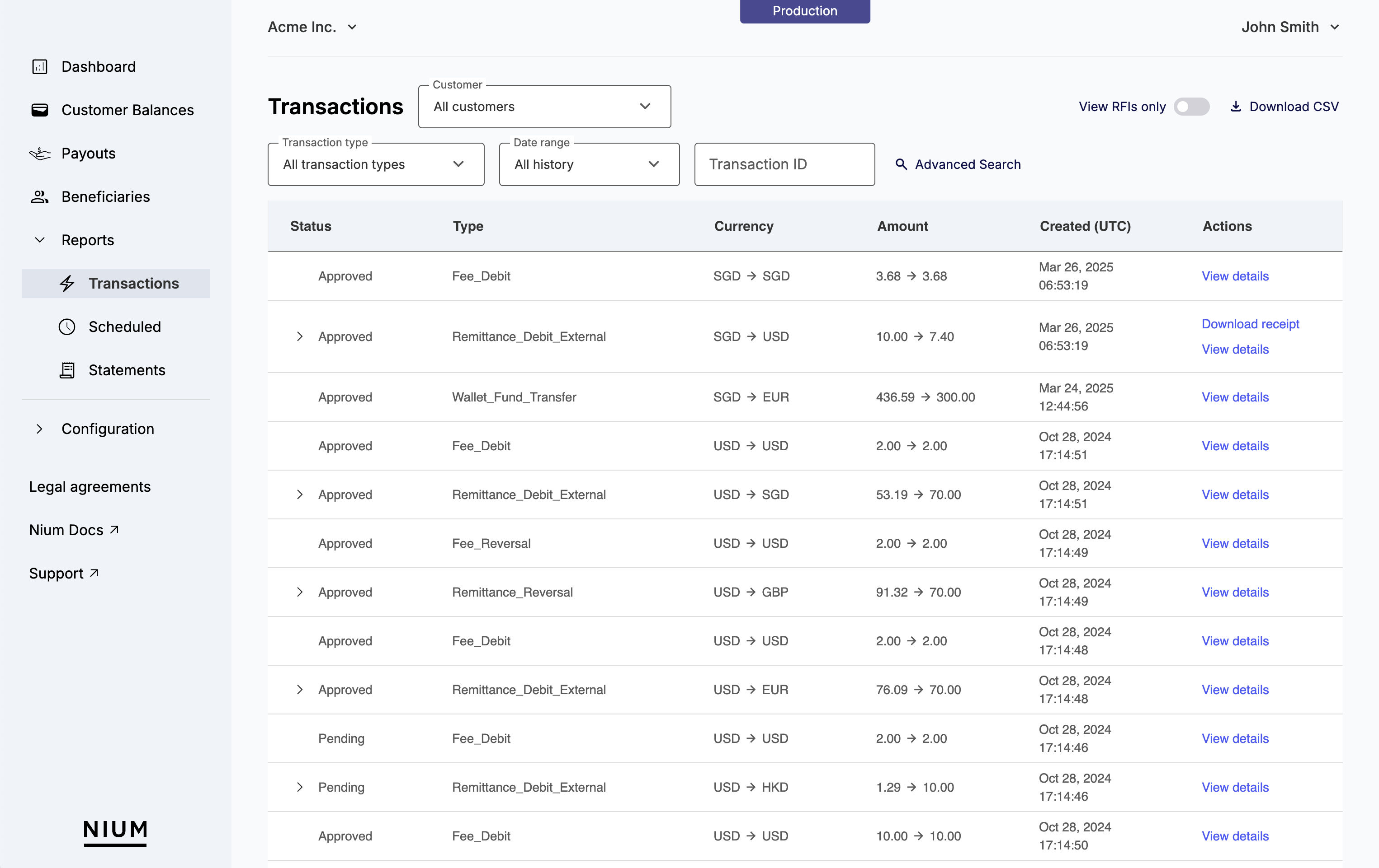 Nium Portal - Transactions